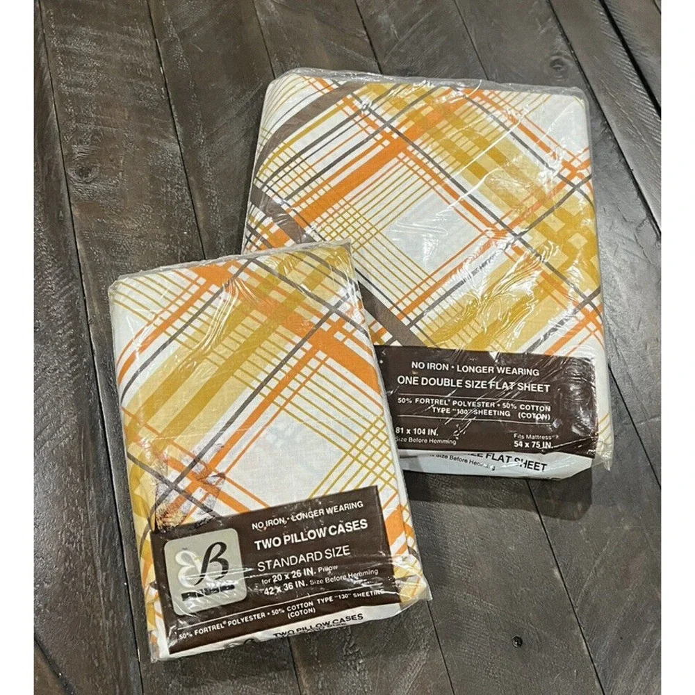 Vintage Bibb Double Flat Sheet 2 Pillow Cases Brown Gold Orange Geo Line MCM NOS
